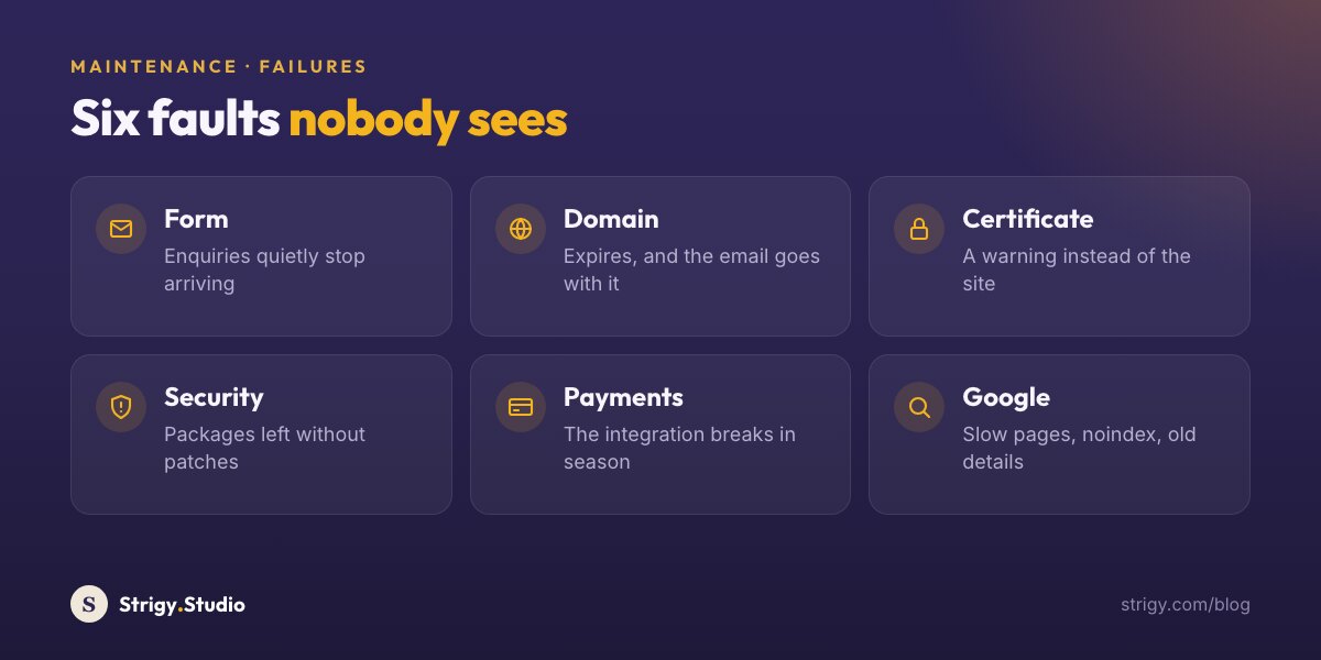 Six faults nobody sees: a form that quietly stops sending enquiries, a domain that expires along with its email, a certificate that shows a warning instead of the site, packages left without security patches, payments that break in season, and Google showing a slow page, noindex or old details.