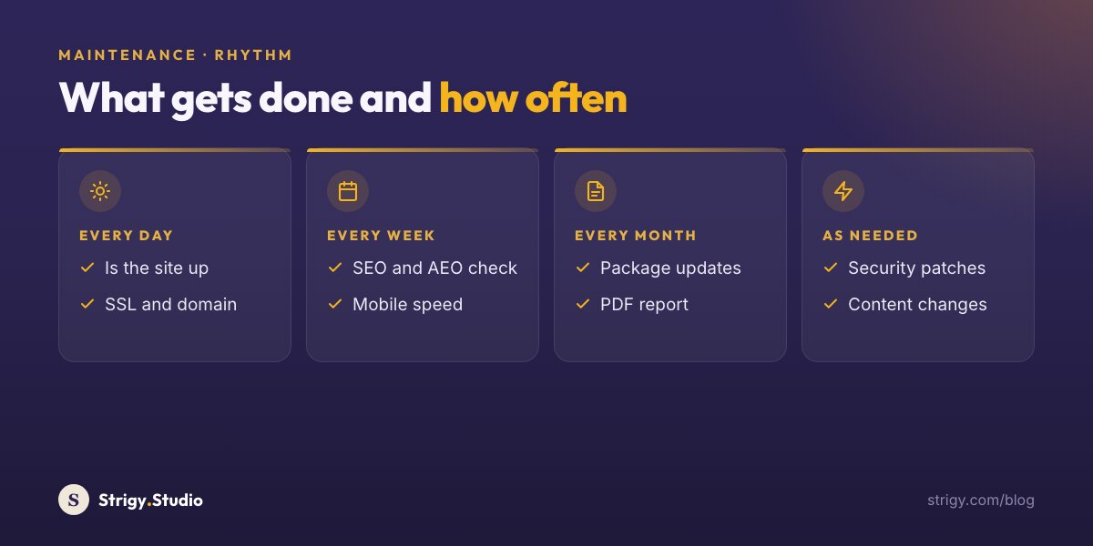 The maintenance rhythm: every day a check that the site is up plus SSL and domain, every week an SEO and AEO check and mobile speed, every month package updates and a PDF report, and as needed security patches and content changes.