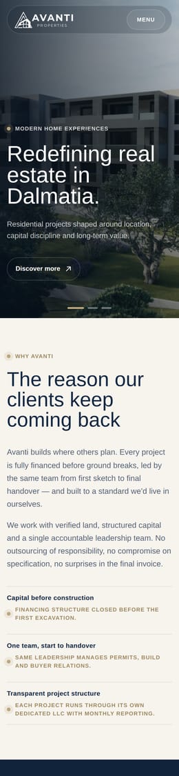 Izrada web stranice, Avanti Properties · Nekretnine, na mobitelu