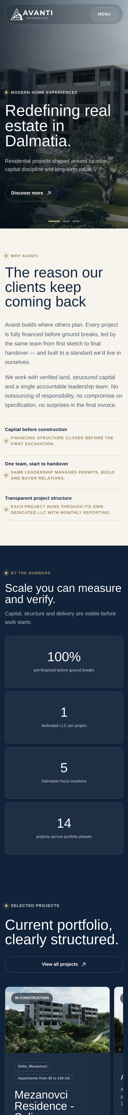 Website: Avanti Properties, on mobile