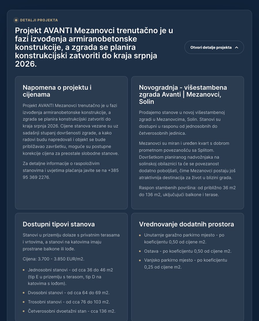 Detalji projekta Mezanovci — cijena po kvadratu, tipovi stanova i koeficijenti za garažu i ostavu