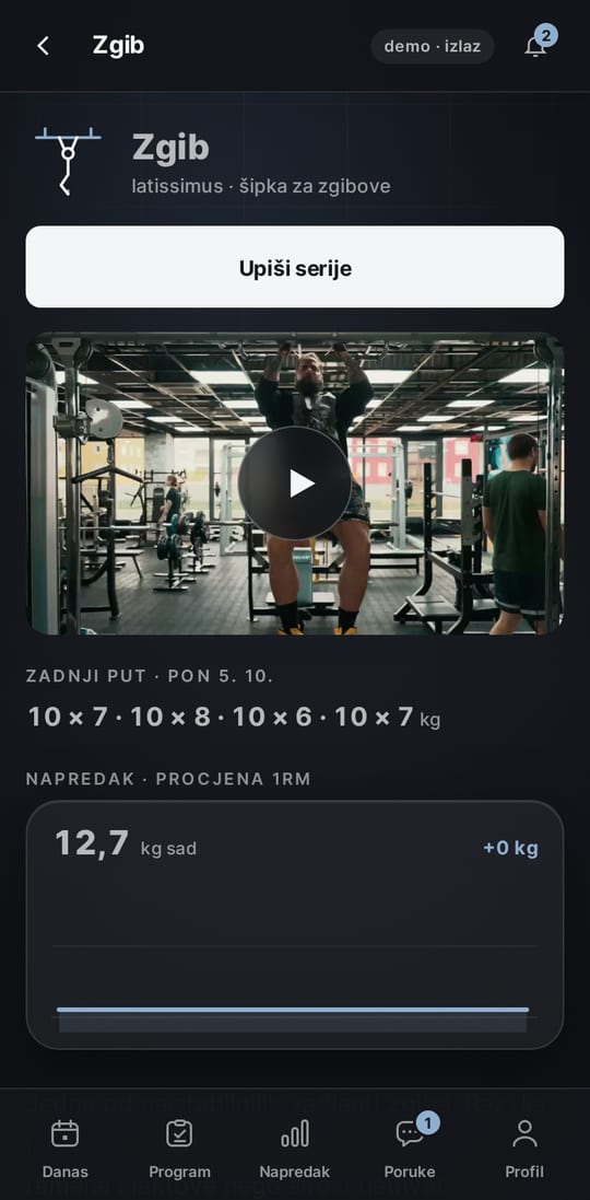 Big Beard Man app: pull-up exercise with Leo's video and estimated 1RM