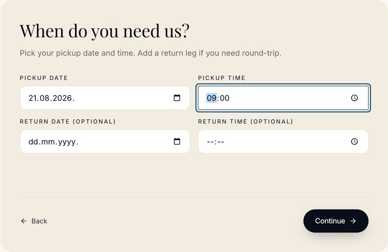Booking korak 2 — odabir datuma i vremena polaska s opcijom povratne vožnje