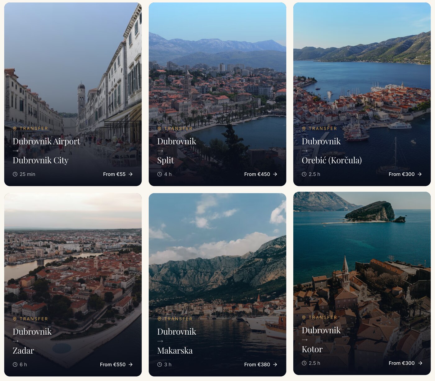 Kartice transfernih ruta s trajanjem i cijenom — Split, Korčula, Zadar, Makarska, Kotor