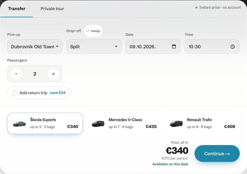 Step one: choosing the route, date, number of passengers and vehicle, with a price for each vehicle