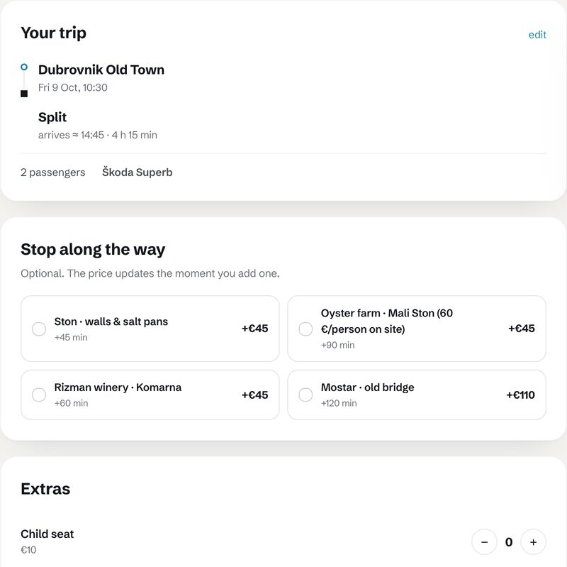 Step two: the trip summary, stops along the way with their prices and extras such as a child seat