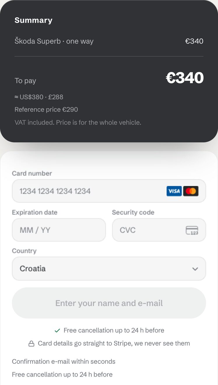 Step two: the price summary and card payment through Stripe on the same page