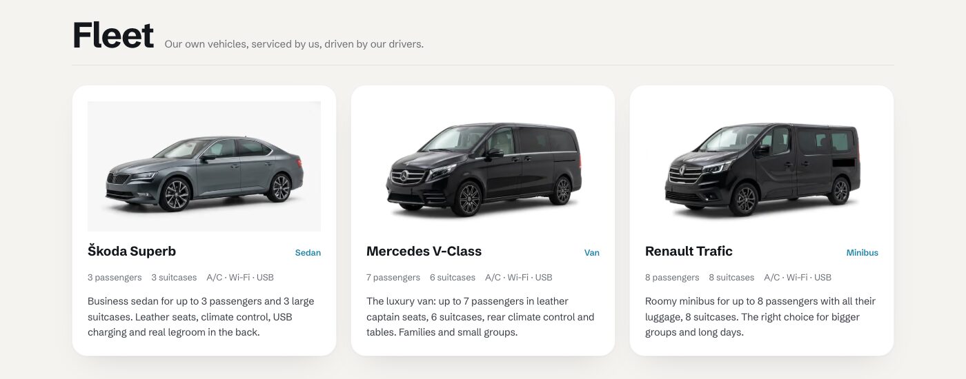 The fleet: Škoda Superb, Mercedes V-Class and Renault Trafic with the number of passengers and suitcases