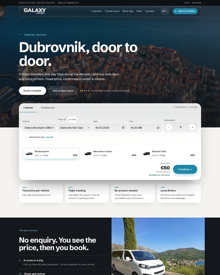 Izrada web stranice, Galaxy Transfer · Booking