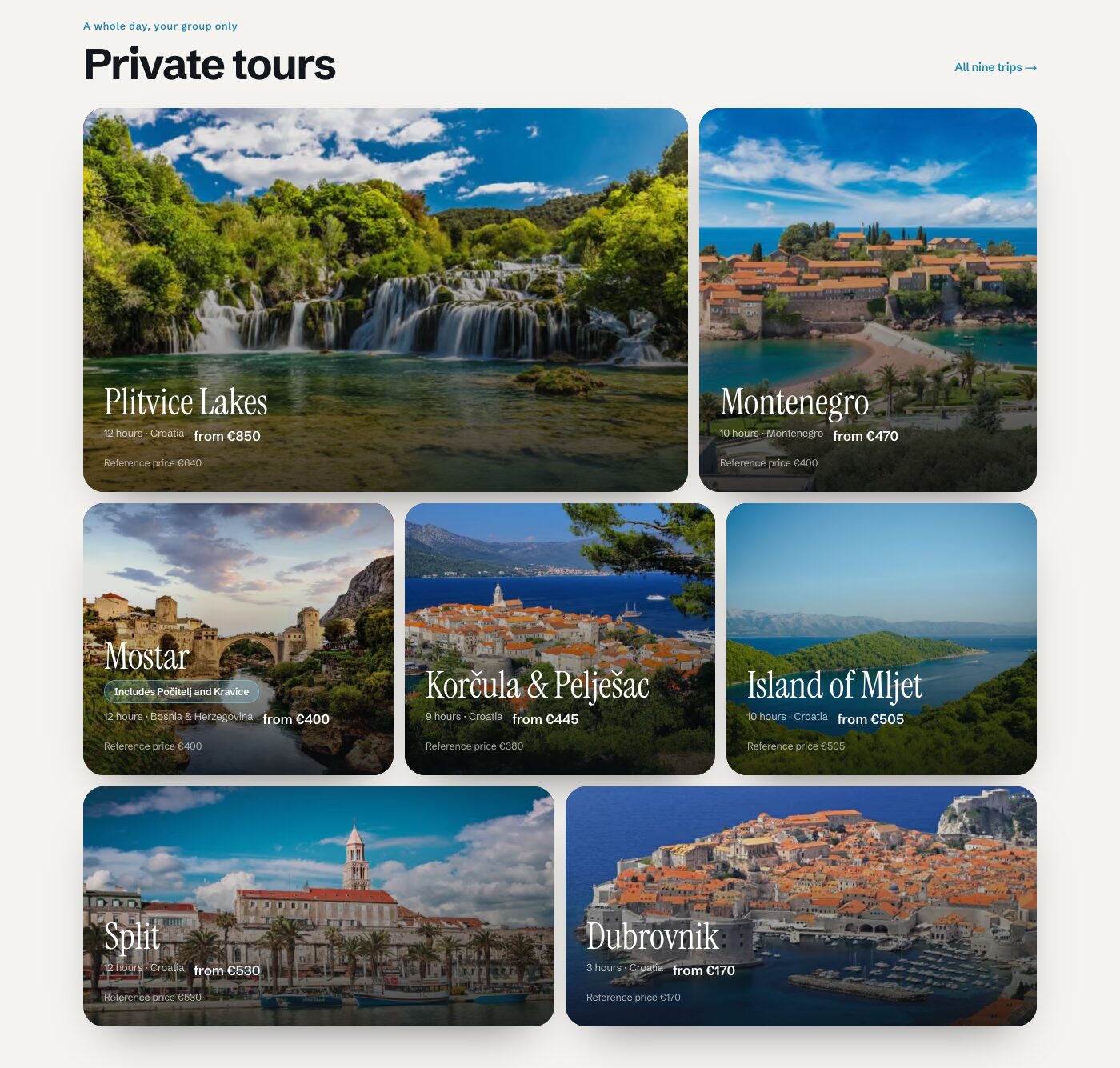 Private tour cards with photographs: Plitvice Lakes, Montenegro, Mostar, Korčula and Pelješac, Mljet, Split, Dubrovnik