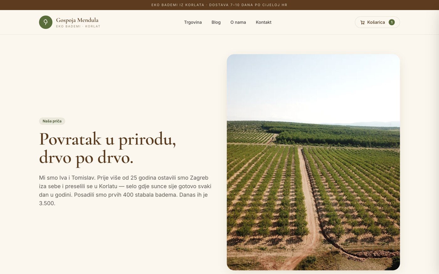 Gospoja Mendula — stranica O nama s pričom obitelji i fotografijom plantaže badema