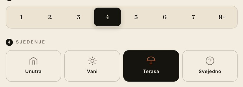 Odabir broja osoba i sjedenja — unutra, vani, terasa ili svejedno