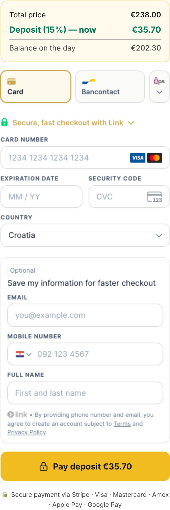 Korak plaćanja — 15% akontacija €35,70 preko Stripea
