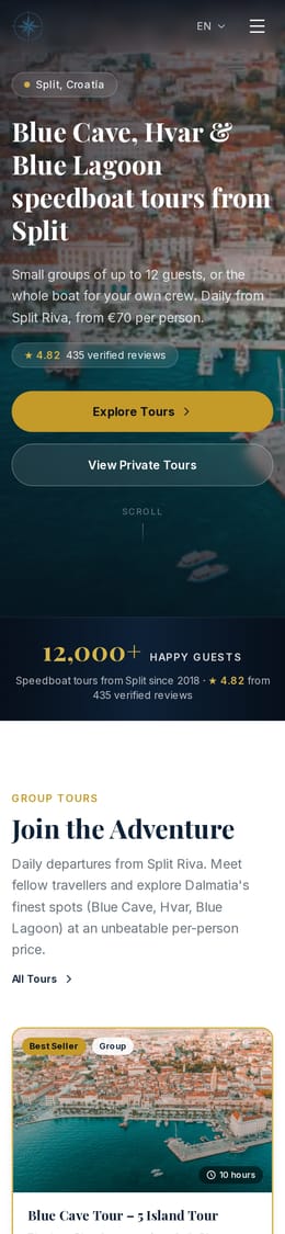 Izrada web stranice, Navy Blue Yachting & Blue Cave Tours · Booking, na mobitelu