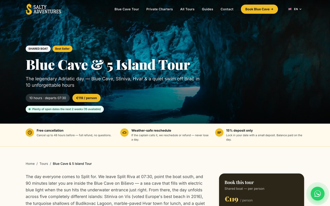 Stranica ture Blue Cave & 5 Island Tour s cijenom €119 po osobi