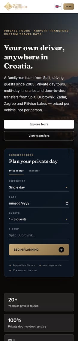 Izrada web stranice, Private Experience Croatia · Privatni transferi i izleti, na mobitelu