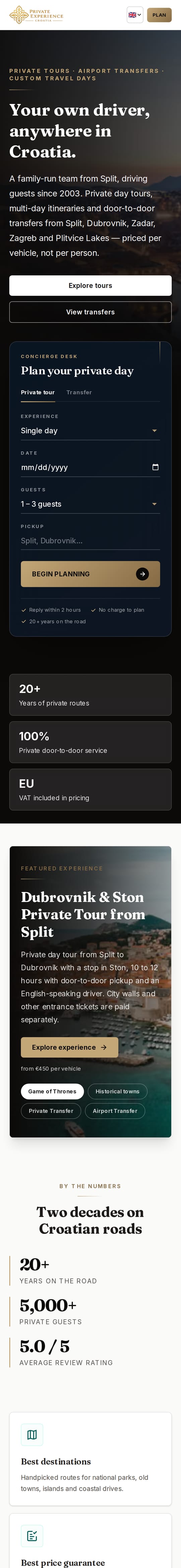 Website: Private Experience Croatia, on mobile