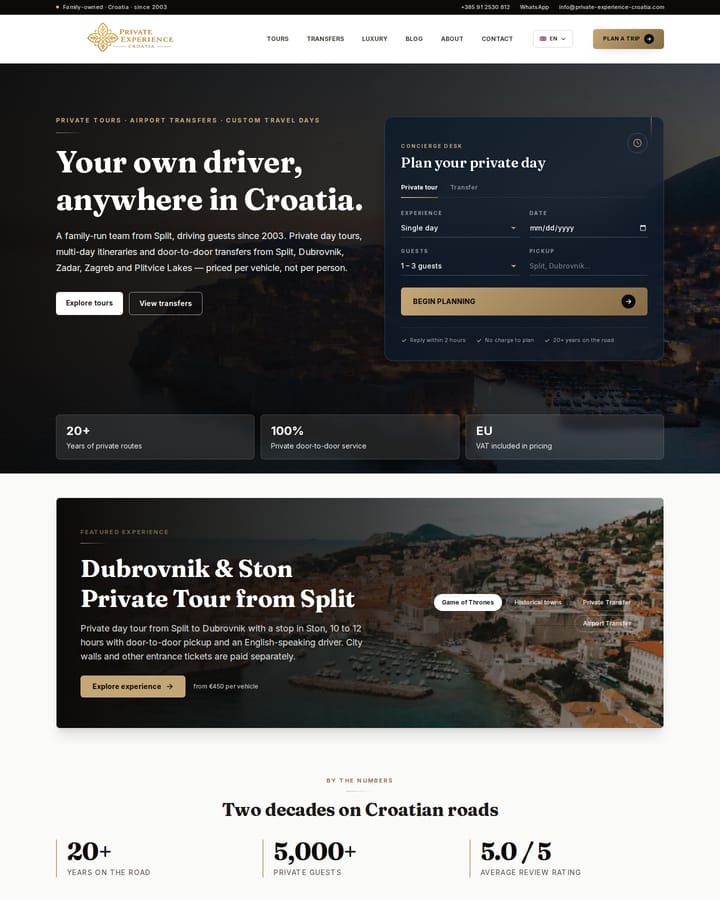Izrada web stranice, Private Experience Croatia · Privatni transferi i izleti