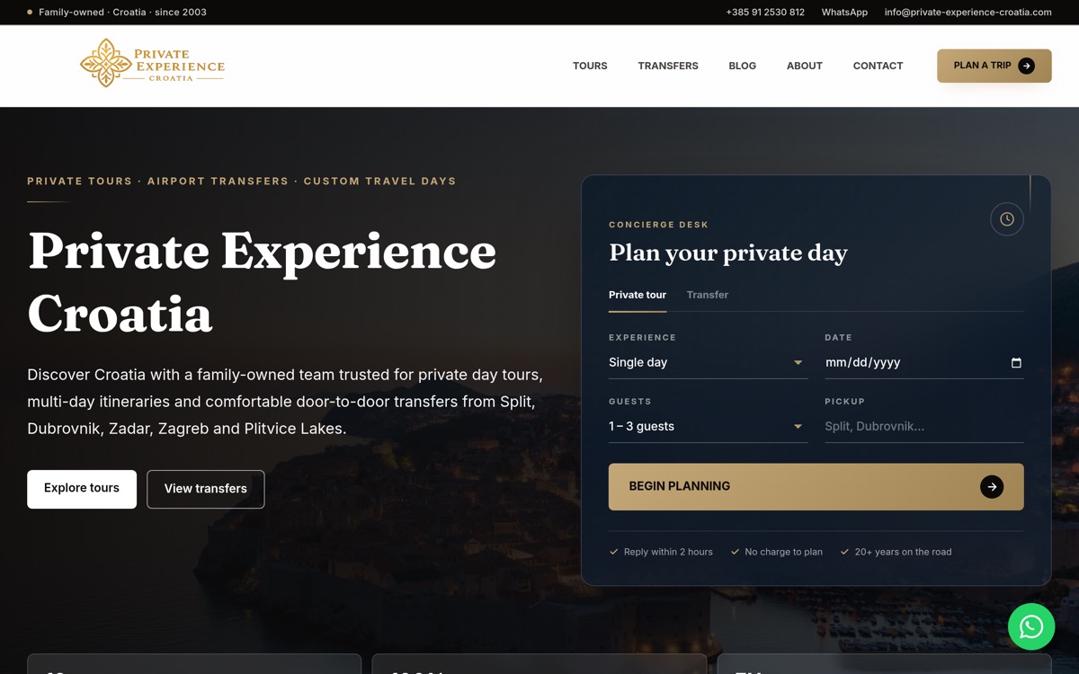 Izrada web stranice — Private Experience Croatia