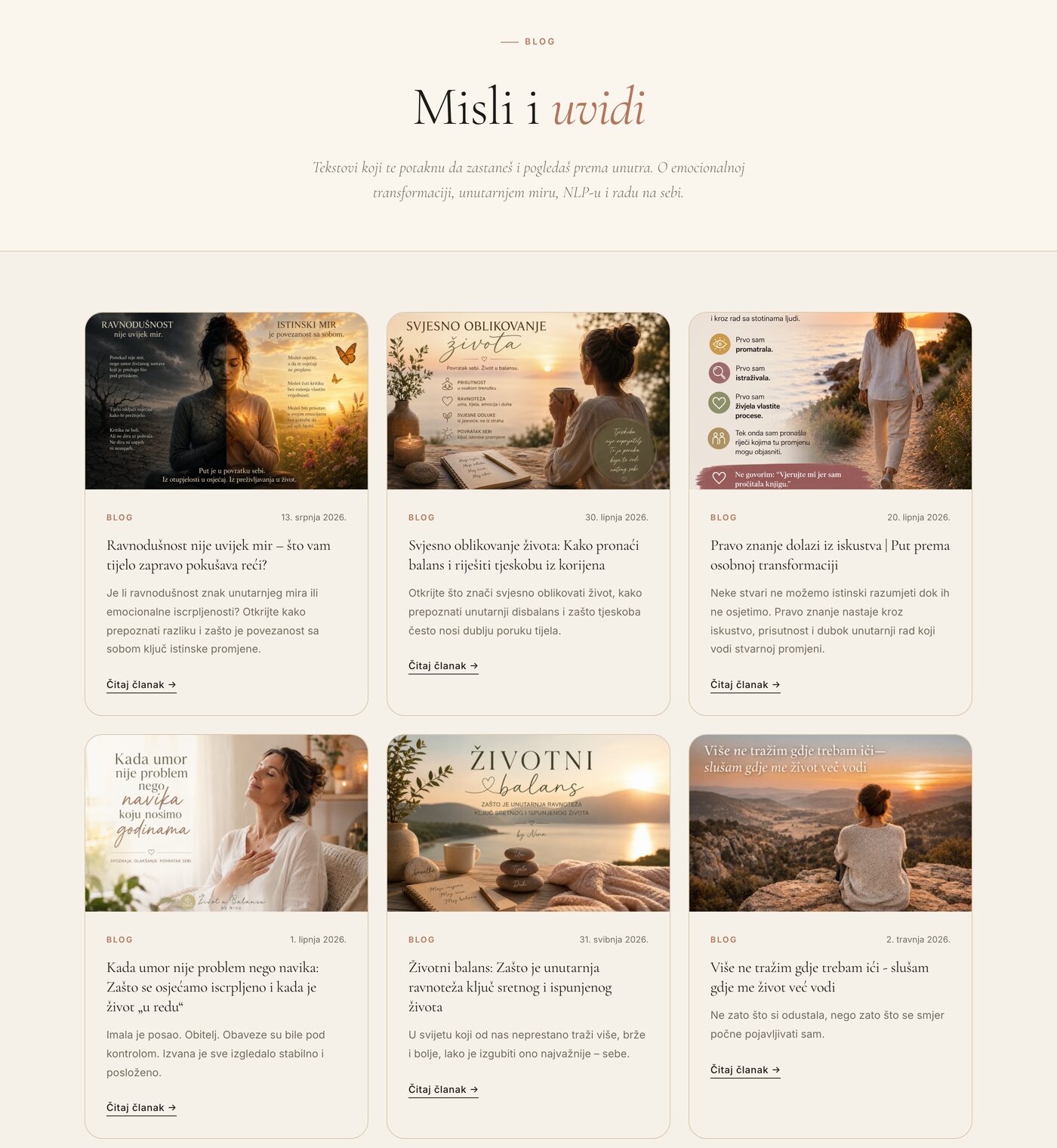 Blog „Misli i uvidi“ — mreža članaka s datumima i naslovnim ilustracijama