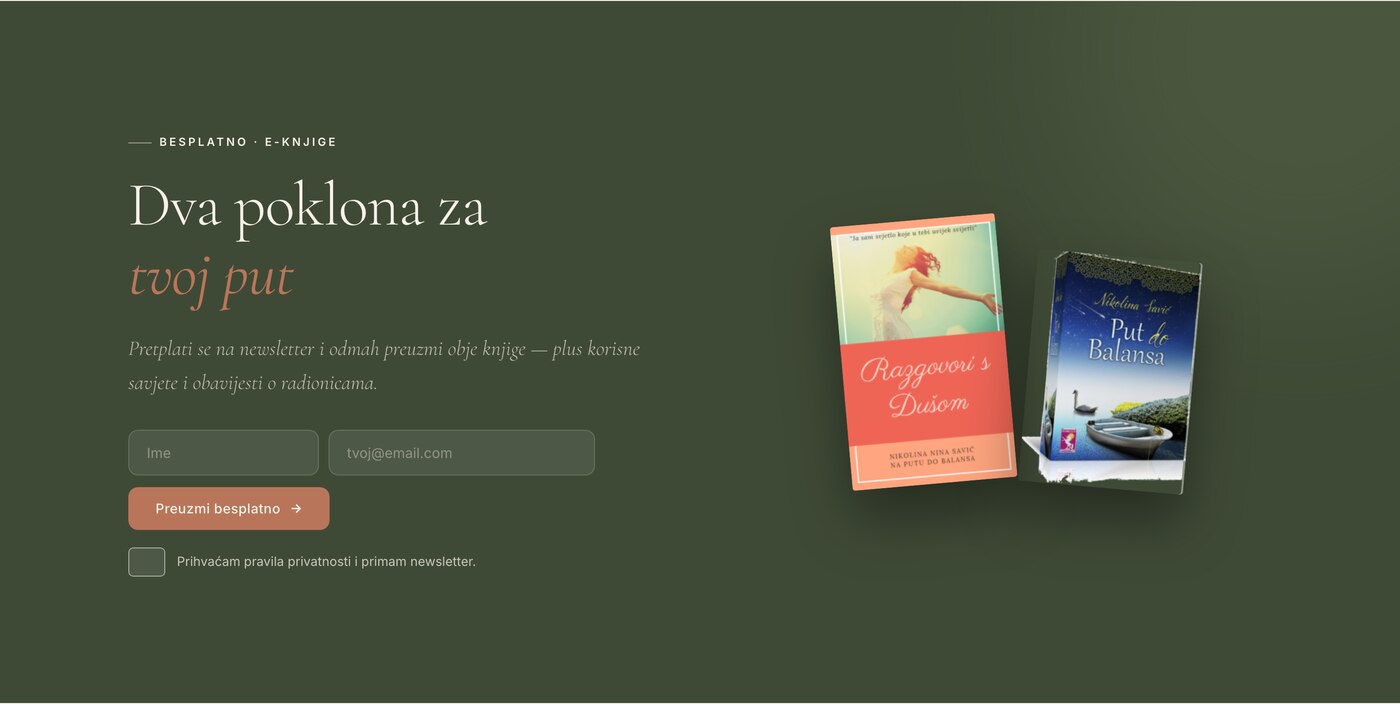Sekcija „Dva poklona za tvoj put“ s naslovnicama dviju e-knjiga i prijavom na newsletter