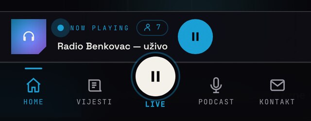 Isti mini player tijekom reprodukcije — status Radio Benkovac uživo i gumb za pauzu