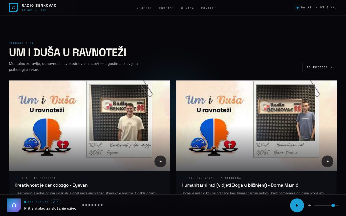Podcast sekcija s playlistom Um i duša u ravnoteži i epizodama povučenim s YouTube kanala postaje