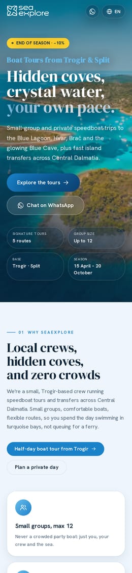 Izrada web stranice, SeaExplore · Booking, na mobitelu