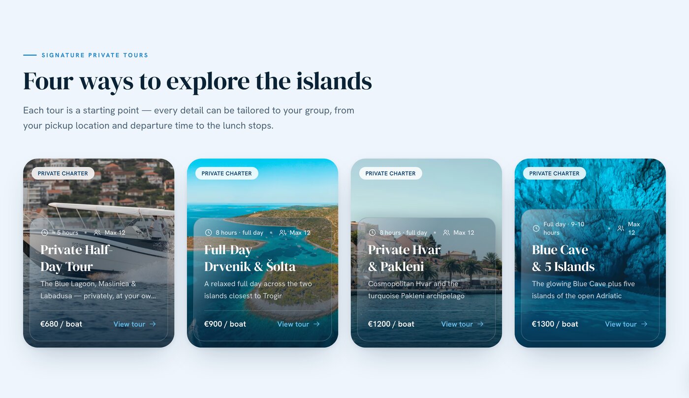 Katalog privatnih čartera — četiri rute s cijenom po brodu