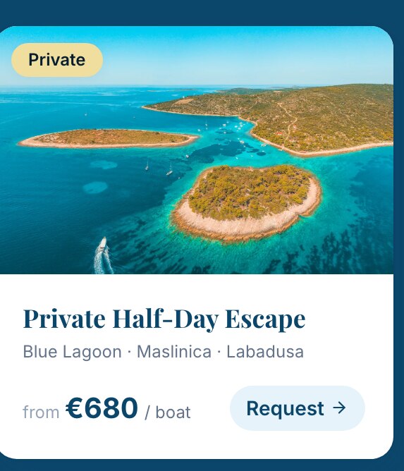 Kartica privatnog chartera Private Half-Day Escape s cijenom po brodu