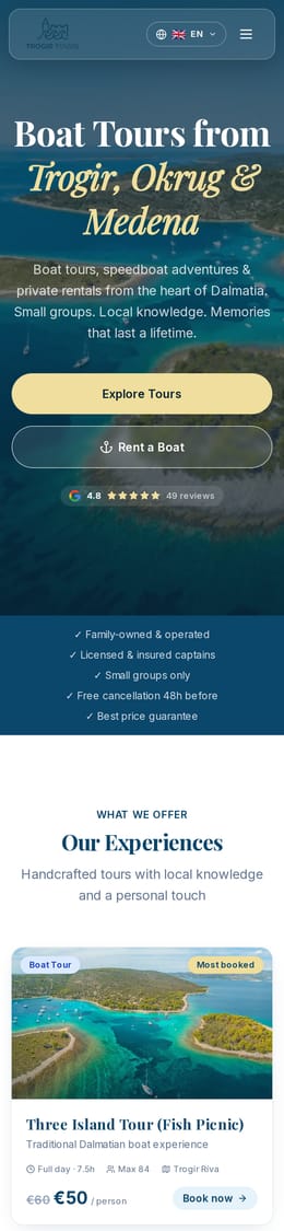 Izrada web stranice, Trogir Tours · Putnička agencija, na mobitelu