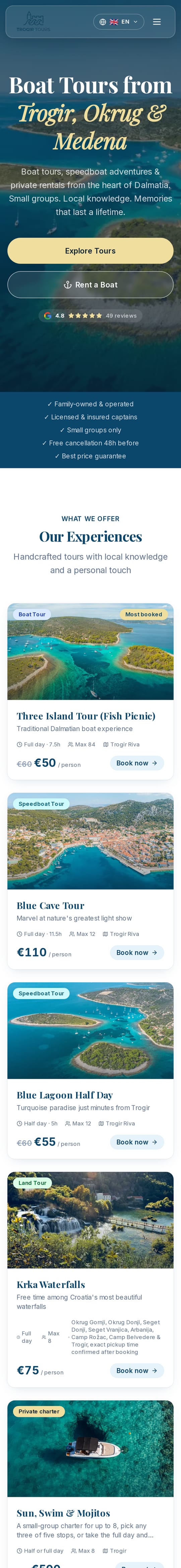 Izrada web stranice: Trogir Tours, na mobitelu