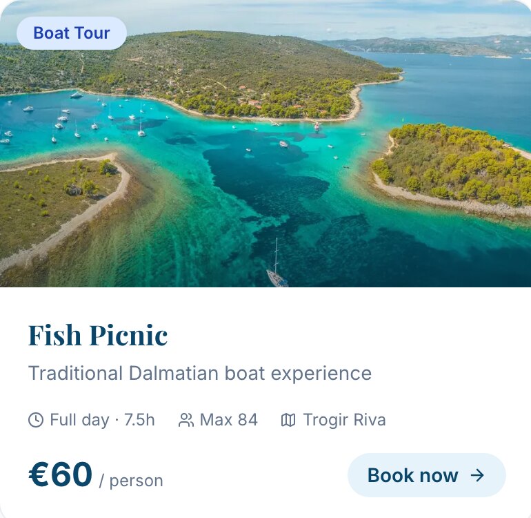 Kartica grupne ture s cijenom po osobi — na slici pod starim imenom Fish Picnic